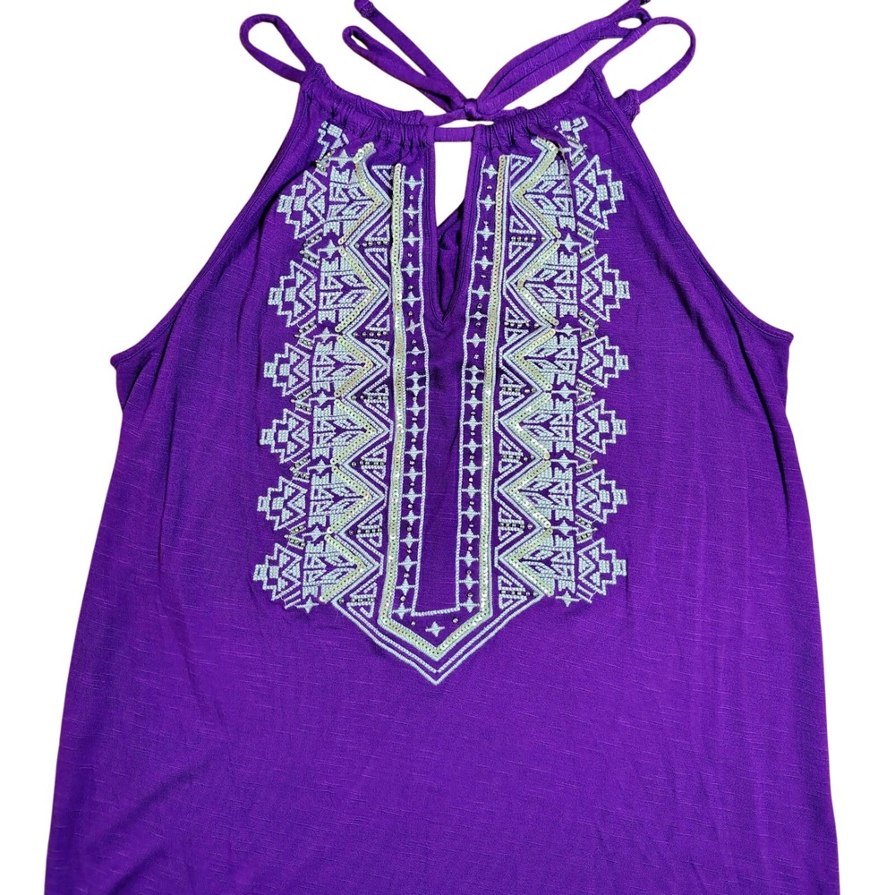 Purple Halter Tank Top Geometric Embroidered Sequin Keyhole Rayon‎ Slub boho